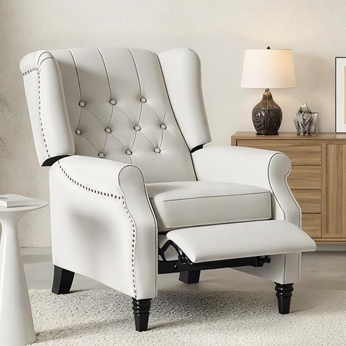 Softa Recliner Chair for Adults Mid Century Wingback Pushback Accent Chair with Rivet Decoration Tufted Upholstered Single Sofa Armchair for Living Room Bedroom Study (Fabric White)