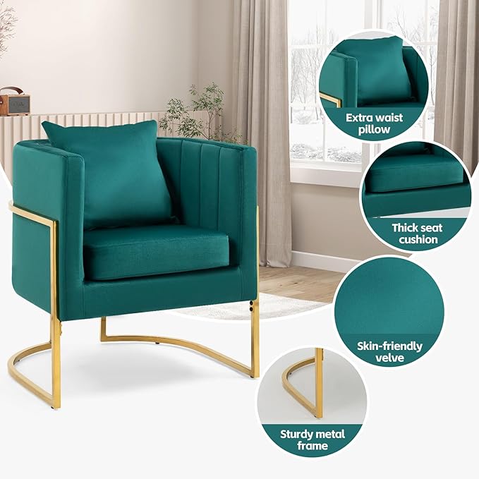 Modern Velvet Barrel Armchair with Lumbar Pillow Mid-Century Upholstered Accent Chair for Living Room Bedroom Single Sofa Club Reception Chair with Golden Metal Legs Green