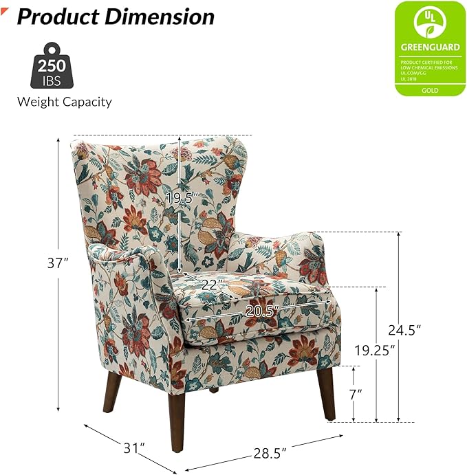 HULALA HOME Floral Accent Chair Wingback Chair with Arms and Solid Wooden Legs Comfy Upholstered Armchair Single Sofa Chair for Living Room Office (RED)