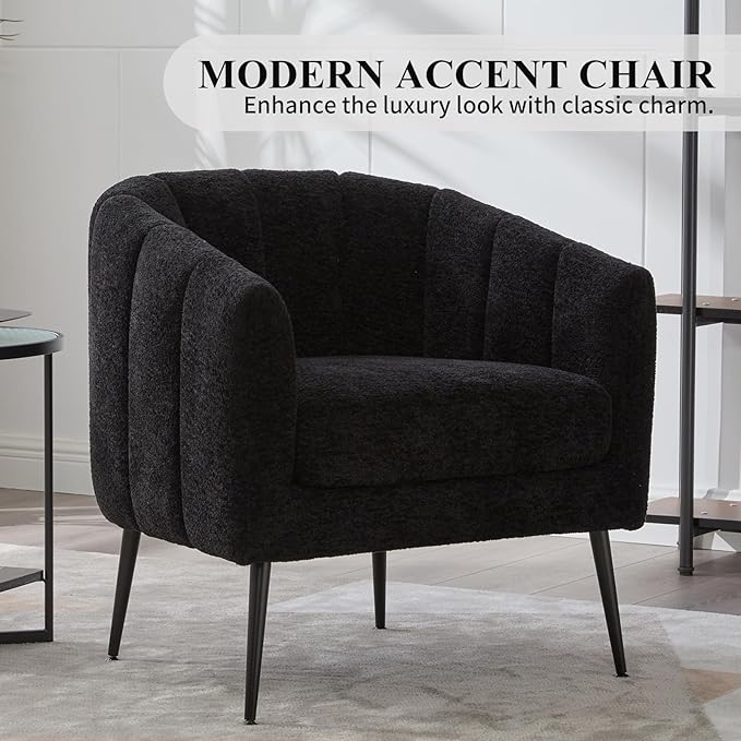 Modern Accent Chair Chenille Upholstered Accent Single Sofa with Metal Legs Tufted Lounge Chair with Wraparound Backrest Leisure Armchair for Living Room Office (Black)