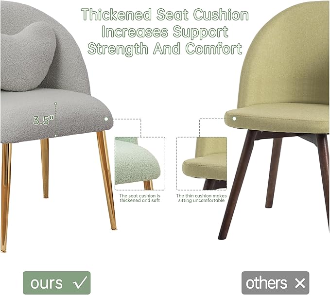 Vanity ChairAccent Makeup Comfy Cute Desk Girls Fluffy Chairs for Bedroom No Wheels Gold Metal Legs Stool (Teddy Grey)