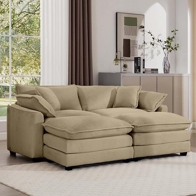 80 Sectional Loveseat Couch with Ottoman Corduroy Cloud 2 Seater Couches Modern Comfy Deep Seat Sofa for Liiving Room Small Spaces &amp Apartment (Tan A + Ottoman 2-Seats)