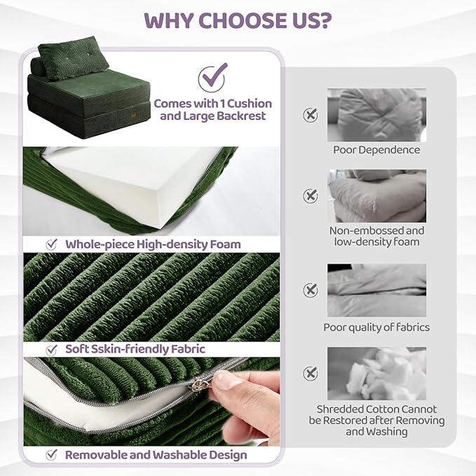 Folding Sofa Bed3-in-1 Convertible Sleeper Chair Corduroy High-Density Foam with PillowFold Out Chair BedFoldable Single Futon Chair for Living Room、HotelSingle Emerald Green