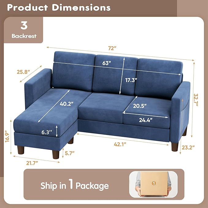 VICTONE Convertible Sectional Sofa Couch 3 Seat L-Shaped Sofa with Linen Fabric Ottoman Small Couch for Small Apartments Living Room and Office (Linen Fabric Blue)