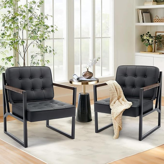 COLAMY Mid Century Modern Accent Chair Set of 2 Comfy Living Room Chair Black Leather Accent Chair Faux Leather Reception Armchair with Metal Legs for Living Room Bedroom Reception Office Black