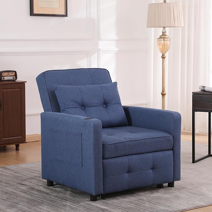 3-in-1 Convertible Futon Sofa Bed Chair Velvet Button Tufted Upholstered Pull Out Sleeper Chair with Adjustable Backrest&amp USB Ports Modern Lounge Armchair for Living Room Bedroom Apartment(Blu