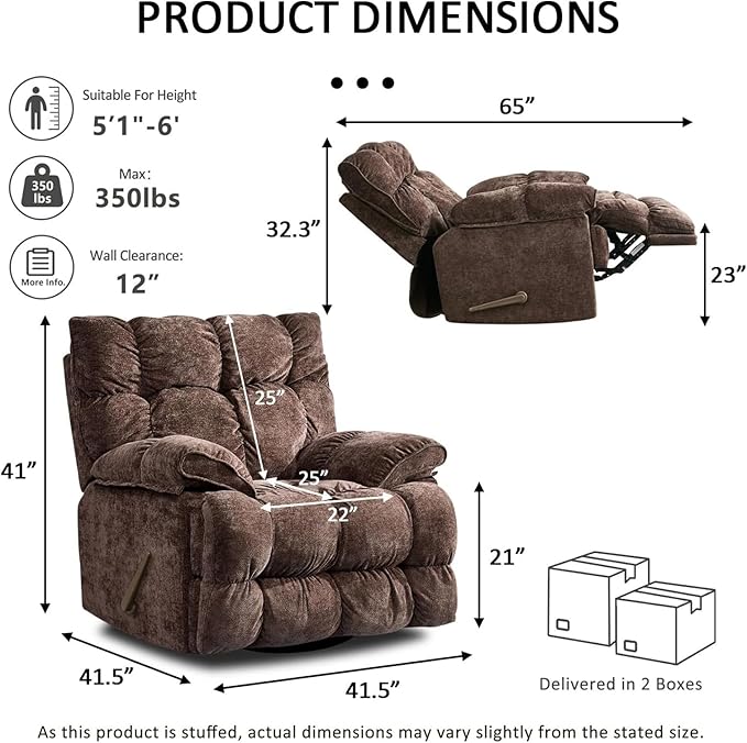 Oversized Rocker Recliner Chair for AdultsOverstuffed 360° Swivel Rocking Recliner Extra Wide Breathable Fabric Manual Reclining Single Sofa for Living Room (Brown)