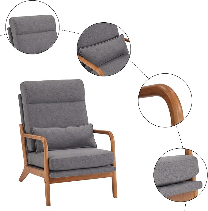 Mid-Century Modern Accent Chair with CushionHigh Back Solid Wood Armrest Chairs Backrest Linen Fabric Indoor Leisure Chair for Living RoomBedroomReadingBalcony (Grey)