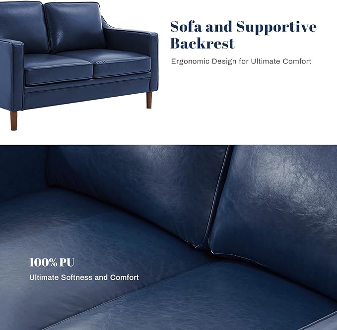 Kingfun 56 Faux Leather Sofa Loveseat Couch Mid Century Modern Love Seat Couches with Solid Wood Frame for Living Room &amp Bedroom Royal Blue