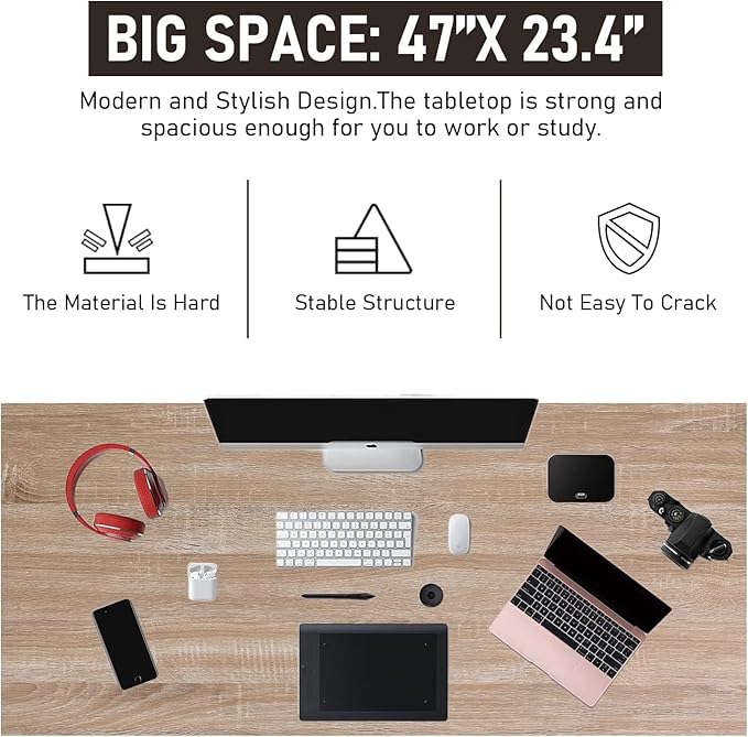 Bigacc 47 Inch Computer Desk Modern Gaming Desk for Home Office Large PC Gaming Table for Teen Student Art Modren Simple Style Computer Desk Wood and Metal Desk Workstati Nature