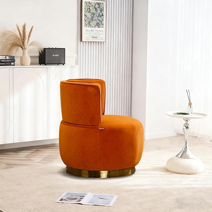 360 Degree Swivel Accent Chair Comfy Round Swivel Barrel Chair with Mental Base Upholstered Cozy Reading Armchairs Modern Lounge Sofa Chairs for Living Room Bedroom Club Office(Velvet Orange)