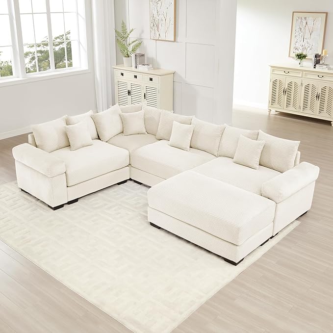 117 Corduroy Sectional Couches for Living Room Beige Comfortable Oversized Sectional Sofa Set with Deep Seat Large 3 Seater Corner Couch with 1 Ottoman Sofas para Sala L Shaped Couch Set