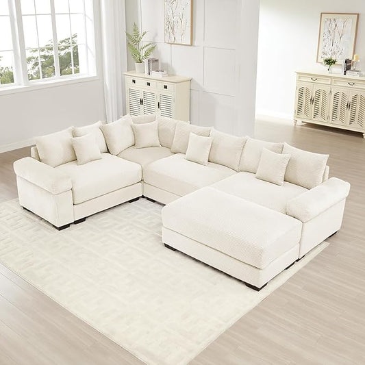 117.3 Oversized Modular Sectional Sofa Corduroy Large Sectional Couches for Living Room 3 Seater Couches with 1 Movable Ottoman Modern Deep Seat Sofa Set with Chaise White