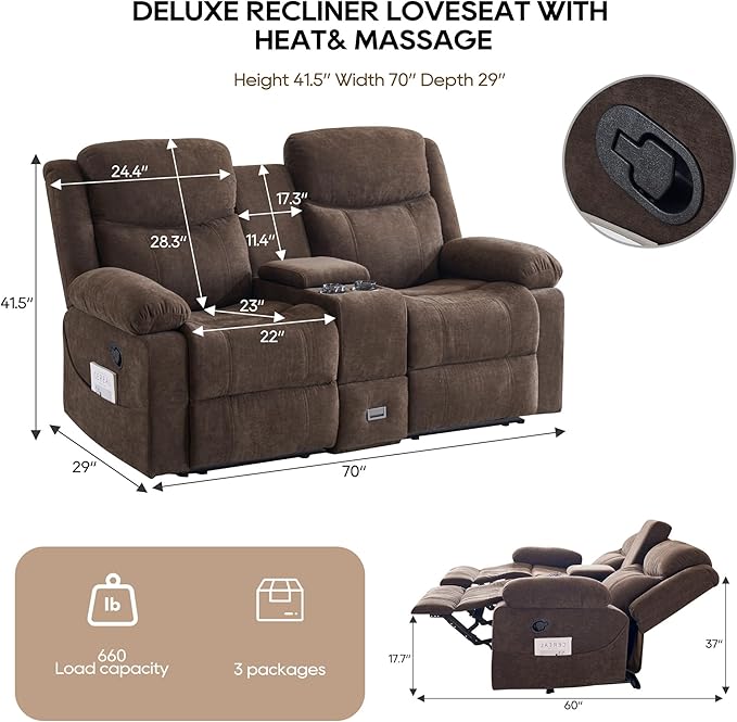 Reclining Loveseat Sofa with Heat and Massage 70 Leather Dual Recliner Couch with Cup Holders Storage Drawer &amp Infinite Reclining AnglesRecliner Sofa for Living Room Apartment RV