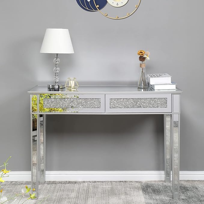 Karl home Mirrored Desk with 2 Drawers Silver Console Table Mirror Sofa Table with Crystal Inlay Front for Living Room Entryway Foyer 42 Inch