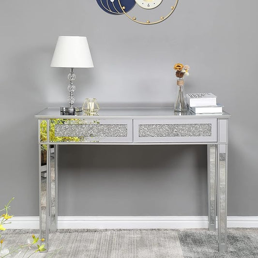 Karl home Mirrored Desk with 2 Drawers Silver Console Table Mirror Sofa Table with Crystal Inlay Front for Living Room Entryway Foyer 42 Inch