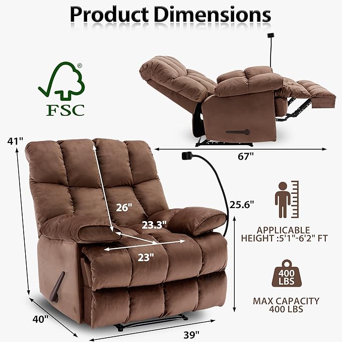 Oversized Recliner Chair with Phone Holder Manual Velvet Big Man Recliners Supports Up to 400 LBS Extra Wide Recliner Chairs for Bedroom Living Room and Home Theater Brown