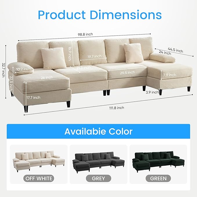 PUREMIND Sectional U Couches for Living Room U Shaped Sofa with Double Chaise Lounge and Sleepable Armrests Corduroy 4 Seater Sectional Sofa Living Room Furniture