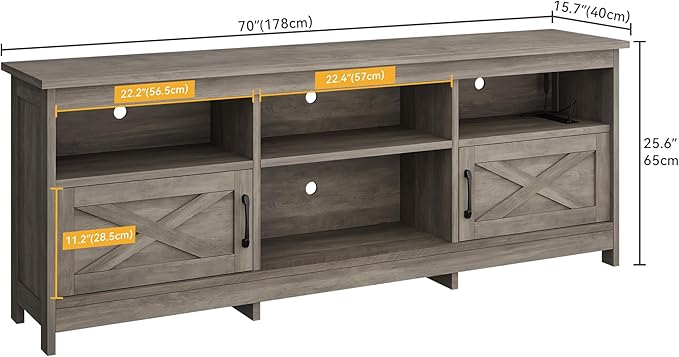 DWVO Farmhouse TV Stand with Power Outlets &amp LED Lights Entertainment Center for TVs up to 80 TV Console with Storage Cabinets &amp Open Shelves for Living Room (Washed Grey)