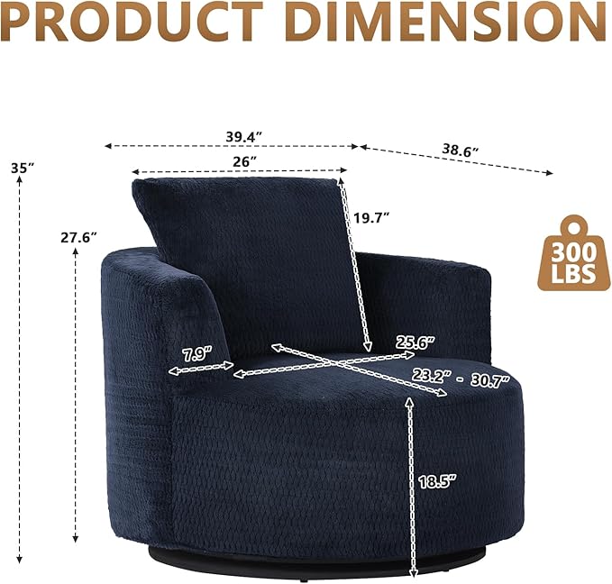 mikibama 39.4 W Swivel Round Chair Oversized Upholstered Sofa 360 Degree Swivel Barrel Chair Corduroy Comfy Deep Seat Sofa Chair for Living Room Bedroom Apartment