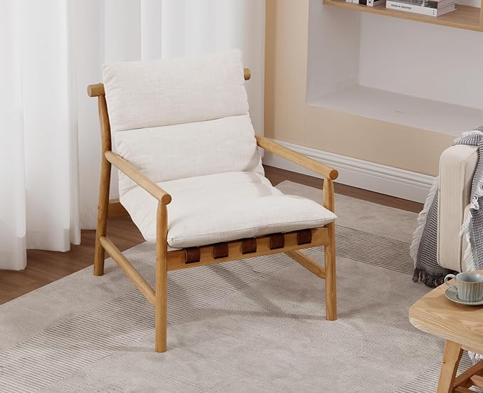 Kmax Modern Sling Accent Chair Mid-Century Linen Living Room Chair Comfy Lounge Chair Solid Wood Frame Chair with Armrest for Reading Room Backyard Beige
