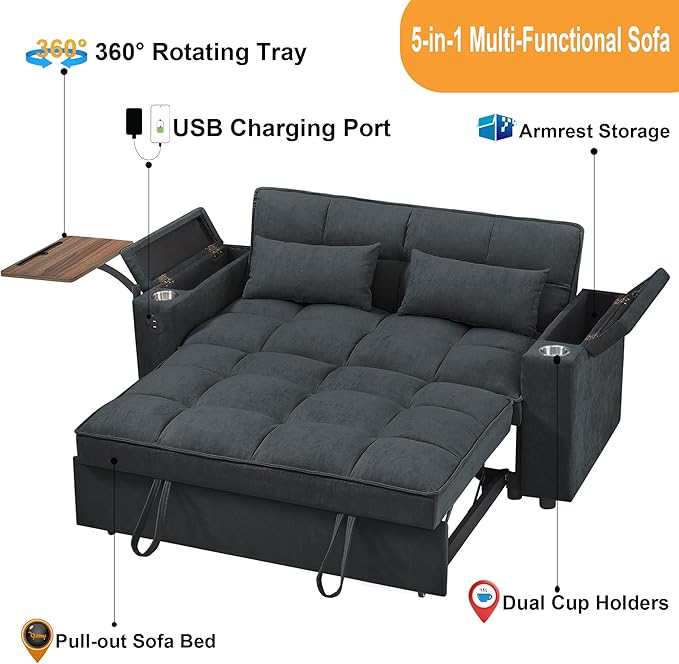 66 Multi-Functional Pull-Out Sofa Bed with Hidden Side Table Storage Armrests Built-in Charging Port Spring Mattress Solid Wood Frame – Ideal for Small Spaces Easy Assembly