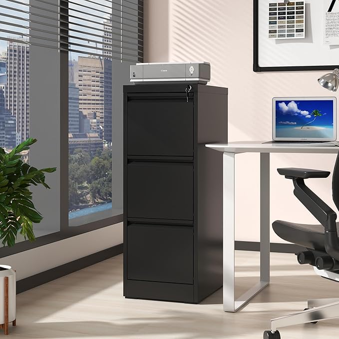 3 Drawer Small Metal Vertical File Cabinet with LockUnder Desk Storage OrganizerFiling Cabinets for Home Office Locking Drawers for A4 Legal/Letter Size3Black
