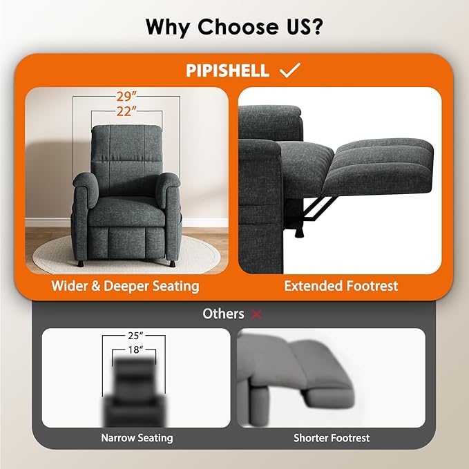 Pipishell Power Recliner Chair for AdultsElectric Recliner with Remote Adjustable Recline/Footrest Chenille FabricThick Seat Cushion Small Recliner for Living Room Home Theater Black