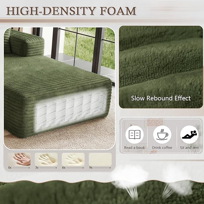 95 Cloud Sectional Couch with L-Shape Chaise Modular Comfy Sofa Chaise Longue Upholstered Corduroy Couches Sleeper with Deep Seat for Living Room Bedroom No Assembly Required(Green Right Facing)