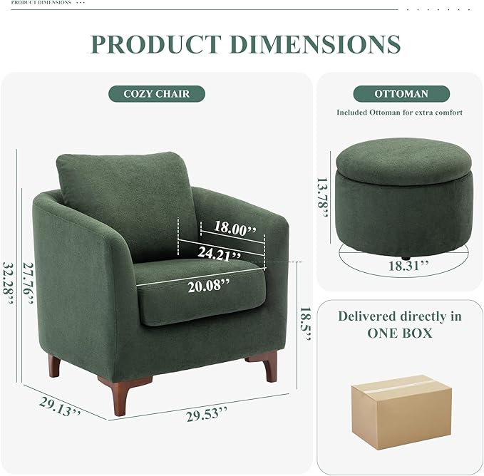 COLAMY Sherpa Accent Chair with Storage Ottoman Set of 2 Upholstered Barrel Arm Chair with Footrest Modern Living Room Chair with Back Pillow Green