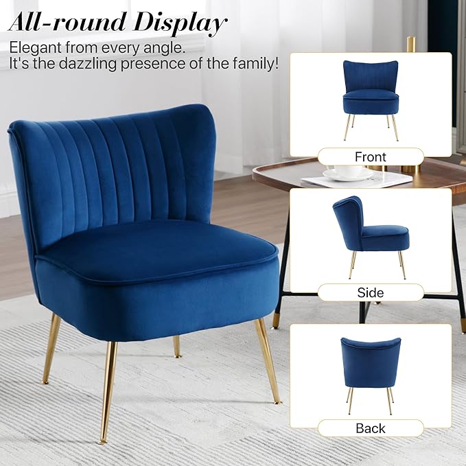 Velvet Accent Chair Set of 2 Comfy Upholstered Side Chair with Gold Metal Legs and Padded Seat Modern Small Corner Armless Living Room Chairs with Wing Back Blue