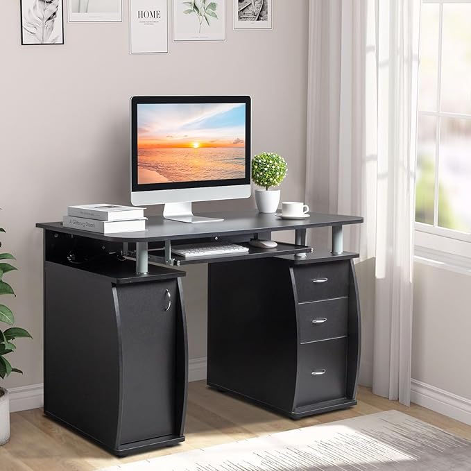 Black Computer Desk with Drawers Home Office Desk Modern Work Study Gaming Writing Home Office Desks with Storage Table for Bedroom PC Laptop Workstation 45.27 L x 21.65 W x 29.13 H
