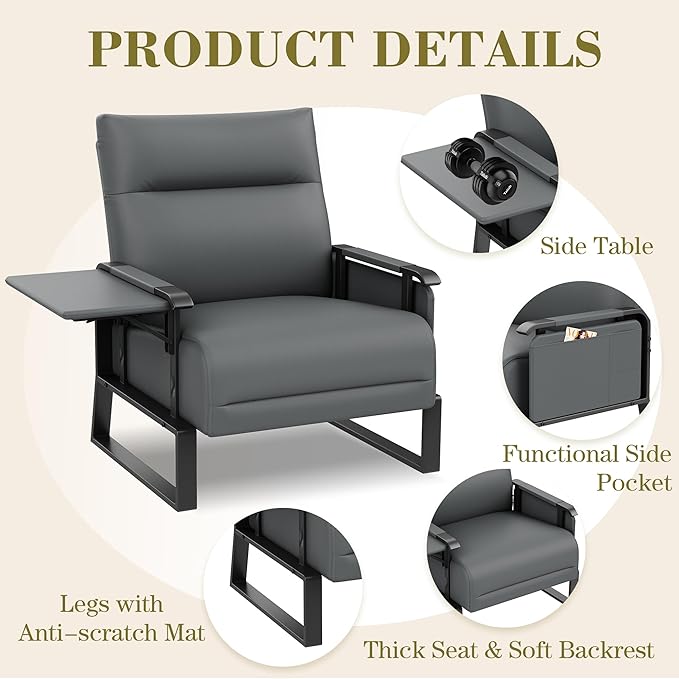 PU Leather Accent Chair with Side Table Living Room Side Chairs Set of 2 Modern Upholstered Armchair Office Club Chairs Grey