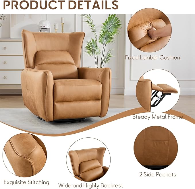 Bonzy Home 270° Swivel Power Recliner Chair 30° Rocking Chair with Lumber Cushion and Highly Enveloping Backrest Electric Reclining Home Theater Seat for Nursery Bedroom Living Room Brown