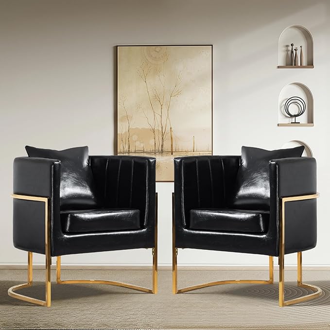 Modern Leather Accent Chairs Set of 2 Mid Century Upholstered Barrel Armchair with Pillow for Living Room Comfy Single Vanity Chair with Metal Gold Legs for Bedroom Black