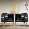 Modern Leather Accent Chairs Set of 2 Mid Century Upholstered Barrel Armchair with Pillow for Living Room Comfy Single Vanity Chair with Metal Gold Legs for Bedroom Black