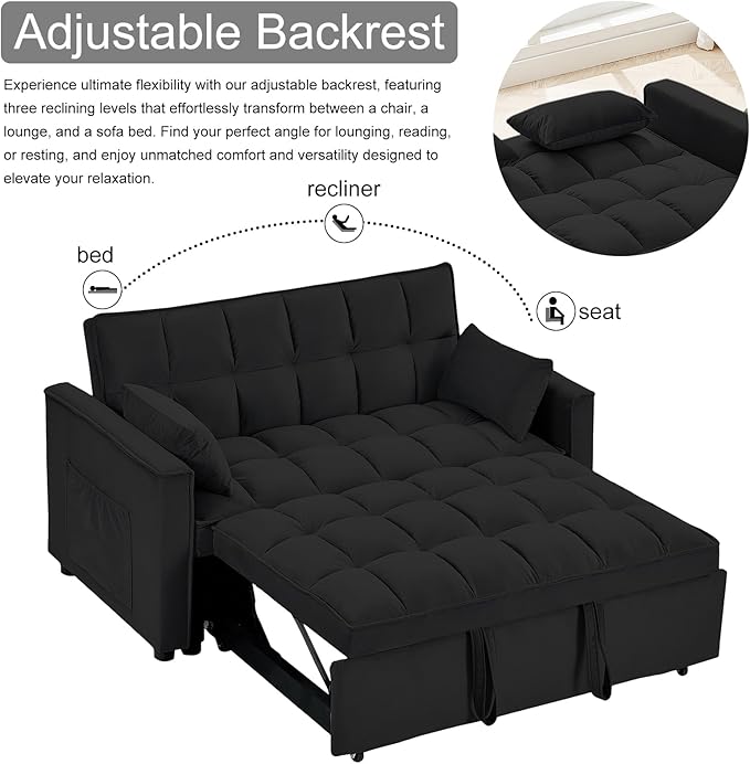 3 in 1 Convertible Sleeper Sofa Bed 55 Pull Out Couches Modern Loveseat Sleeper Sofa with Adjustable Reclining Backrest &amp Side Pockets for Living Room Velvet Fabric Classic Black