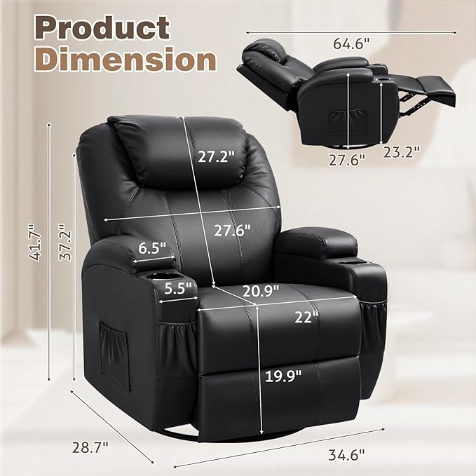 Recliner Chair 360° Swivel Rocker Chair for Adults Rocking Recliner Chair with Massage Comfy Single Sofa with Side Pockets Cup Holders for Living Room Bedroom Nursery (Leather Black)