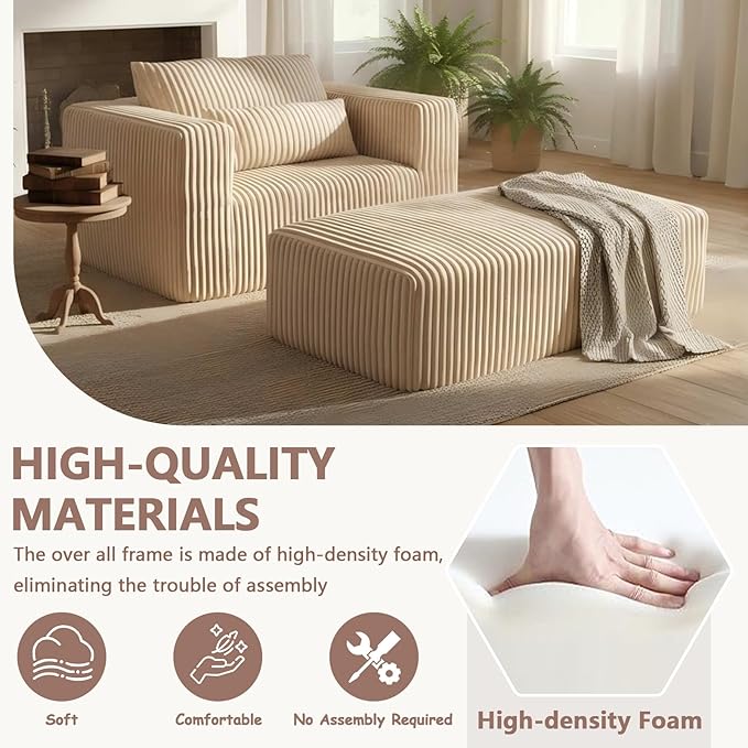 51 Oversize Chair &amp Boneless Chair with Ottoman Single Sofa with Ottoman for Living RoomOverstuffeds Chairs &amp Corduroy Chairs with Pillow and Wide Armret Memory Foam No Assembly (Beige)