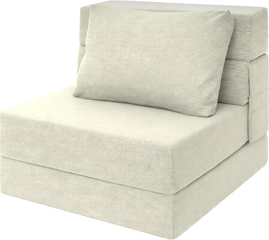 Sofa Bed Foldable Mattress Folding Sleeper Sofa Chair Bed Floor Mattress with Pillow for Living Room Home Office (Off White- Corduroy Single)