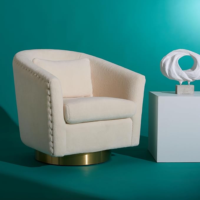 SAFAVIEH Couture Collection Clara Glam Ivory &amp Gold Faux Lamb Wool Swivel Tub Accent Chair Fully Assembled (SFV4702M)