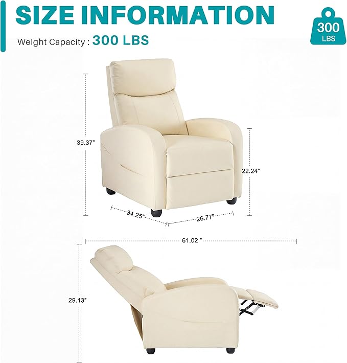 Sweetcrispy Massage Recliner Chair for Adults Adjustable Home Theater Seating with Lumbar Support for Living Room Modern Fabric Reclining Beige