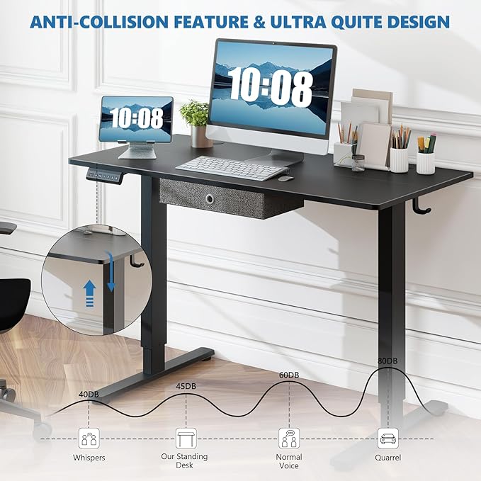 Electric Standing Desk with Drawer - 48 x 24 inch Adjustable Height Sit to Stand Up Desk with Splice Board Rising Home Office Computer Table with 2 Hook and Wire Hole for Work Study or Gaming