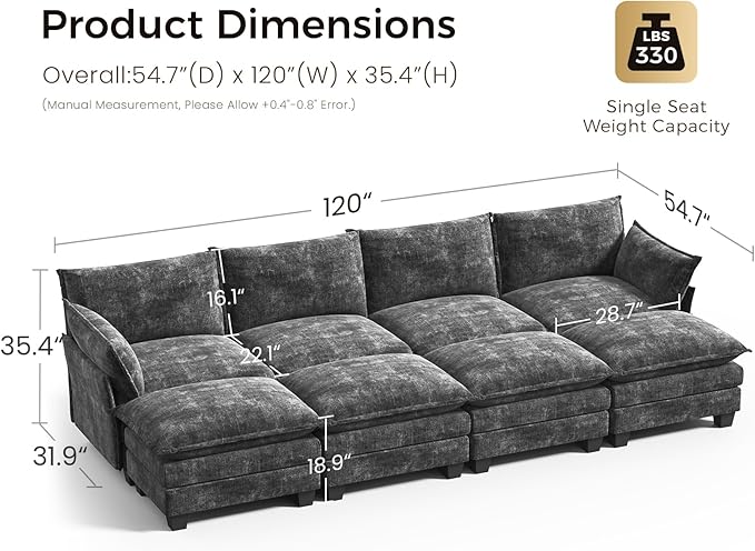 KKL 120 Huge Modular Sectional Sofa Bed 8 Seater Convertible J/L/U-Shaped Sleeper Cloud Couch with Ottoman Chenille Sectional Couches for Living Room Apartment Grey