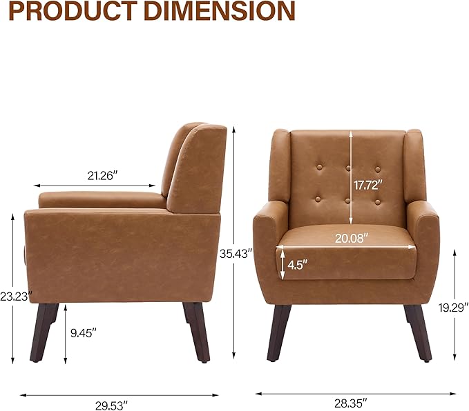 Accent Chairs Set of 2 Modern Faux Leather Armchairs for Living Room Comfy Upholstered Arm Chairs Tufted for Indoor Bedroom Office Room (P Brown)