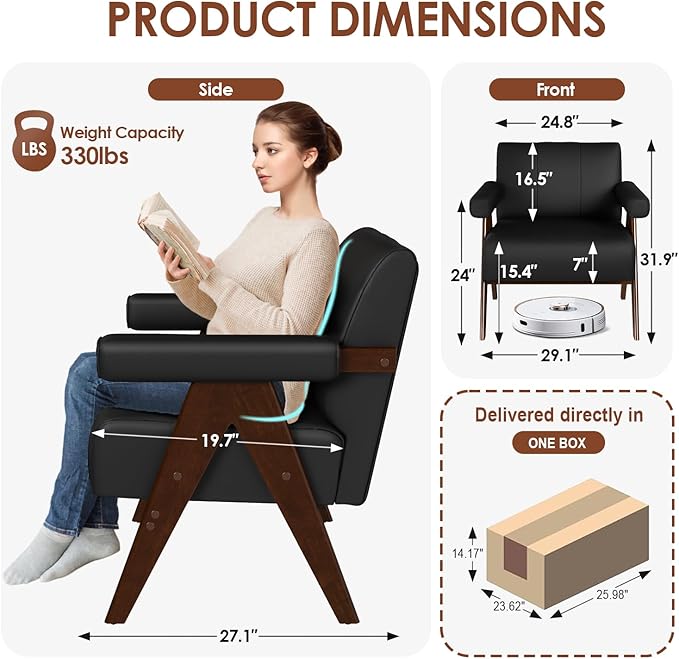 JIASTING Mid Century Modern Accent Chair Set of 2 Black Leather Office Reading Accent Chairs Small Comfy Side Arm Chairs for Living Room Bedroom Wood Arms (2 Black)
