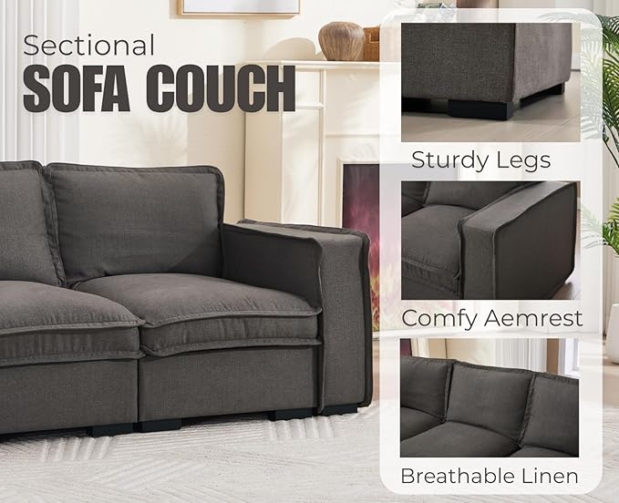 EALSON 119 Modular Sectional Sofa Comfy Cloud Couch with Ottoman Modern Convertible L Shape Couches with Wooden Legs Linen Deep Seat Couch 4-Seater Sofa with Ottoman for Living Room/Apartment Grey