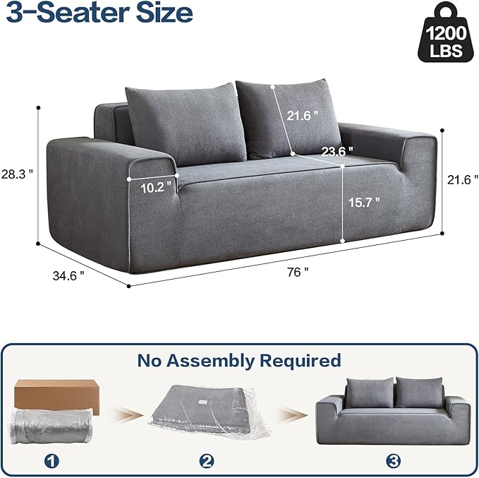 76 Memory Foam Couch 3 Seater Boneless Couh with Deep Seat Small Cloud Sofa for Living Room Office No Assembly Required Sofa (Grey Velvet)