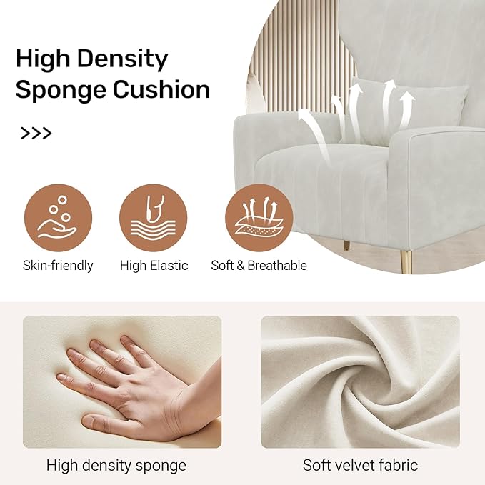 Velvet Accent Chair Set of 2Wingback for Living Room High Back Arm Chair with Golden Legs Lumbar Pillow Upholstered Single Sofa Bedroom Beige
