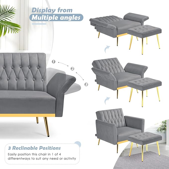 Velvet Accent Chair with Adjustable Backrest and Armrests Single Recliner Armchair with Ottoman and Golden Mental Legs for Living Room Bedroom and Waiting Room Grey